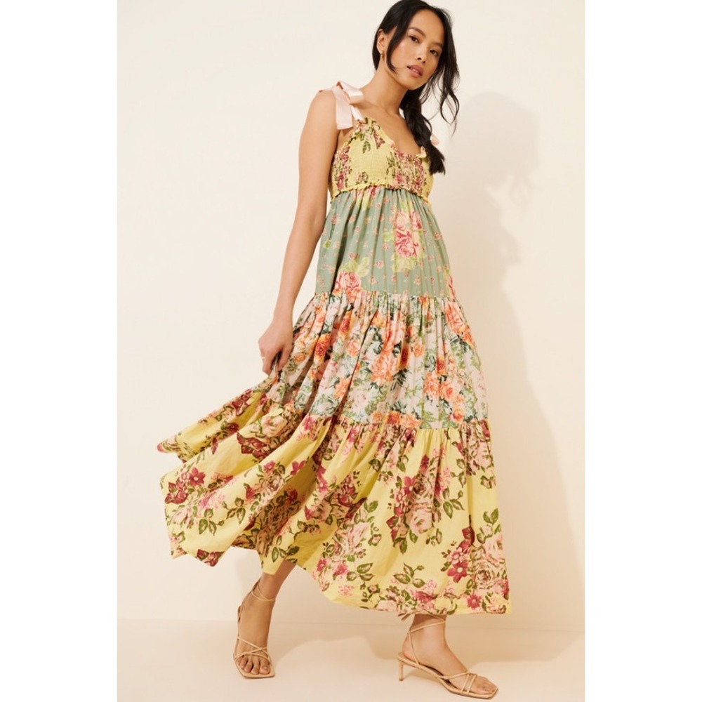 Free People Bluebell Floral Print Smocked Tiered Maxi Dress Tie Shoulder Medium